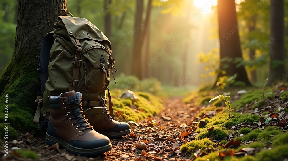 Hiking Backpack and Boots Placed on a Sunlit Mossy Forest Path Hiking Backpack and Boots Placed on a Sunlit Mossy Forest Path
