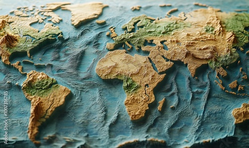 A high-resolution topographic world map detailing continents, displaying physical features such as mountains, rivers, and oceans, ideal for geographic and educational purposes