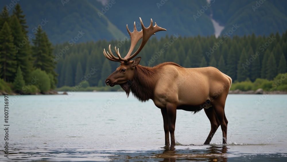 A regal elk stands proudly within an Alaskan river A regal elk stands proudly within an Alaskan river