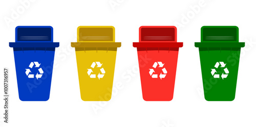 Garbage bins set. Colorful trash cans with recycling icon. Waste sorting containers. Vector illustration.bleu,red,yellow,green