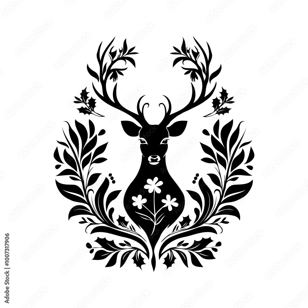 Silhouette of a deer with ornate antlers, snowflakes, and decorative foliage on a white background. Concept of festive holiday decoration. Vector illustration Silhouette of a deer with ornate antlers, snowflakes, and decorative foliage on a white background. Concept of festive holiday decoration. Vector illustration