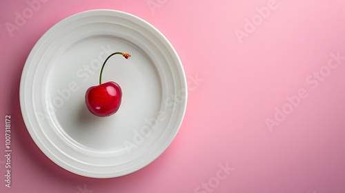 Single cherry on white plate against pink background. Minimal flat lay composition with copy space. Elegant and simple design for food-related marketing, banners, or social media.