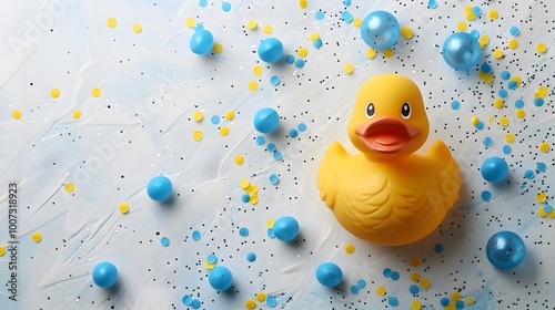 Yellow rubber duck surrounded by blue and yellow balls on a textured background. Playful flat lay design with copy space. Fun and colorful concept for kids' products, banners, or invitations. photo