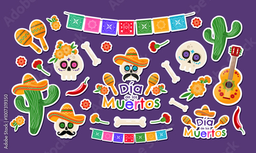 Dia de Los Muertos - Mexican Day of the Dead. Traditional colorful objects sticker set. Vector illustration