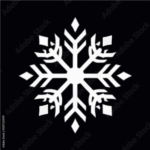 White snowflake vector icon on a black background. Great for winter themes, holiday cards, and seasonal designs.