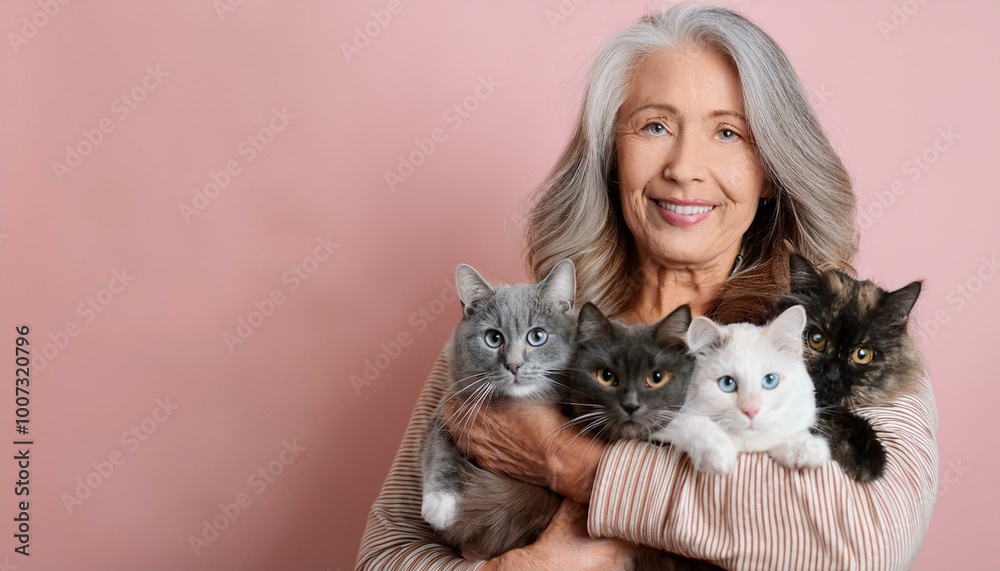 Obraz premium Happy old lady surrounded with cats on pink background