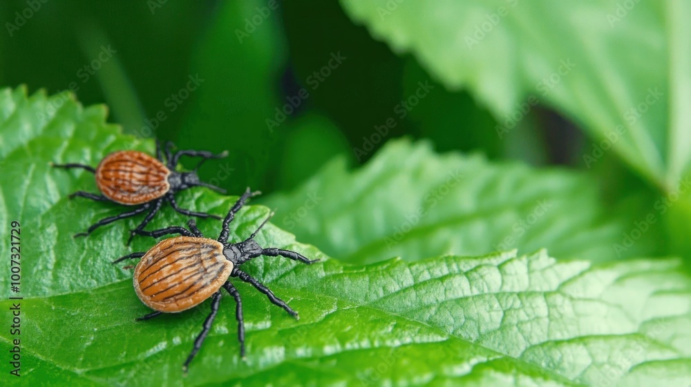 Multiple ticks on a vibrant green leaf, showcasing their distinctive orange and black colors. Multiple ticks on a vibrant green leaf, showcasing their distinctive orange and black colors.