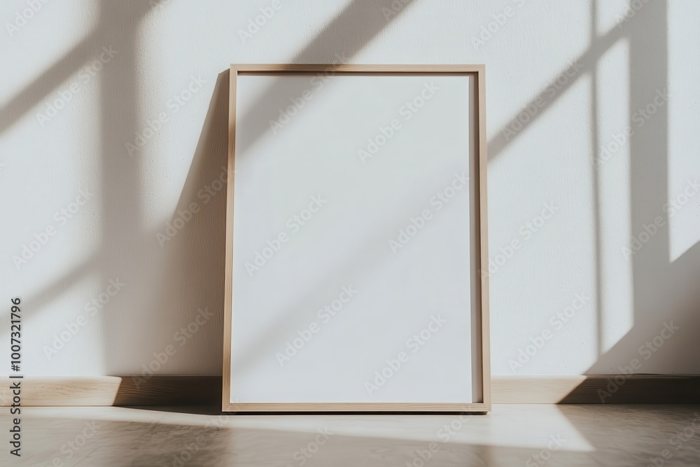 A mockup of an empty, blank white poster frame on the floor, leaning against a wall. The frame is a light wood color, with neutral colors and a minimalistic A mockup of an empty, blank white poster frame on the floor, leaning against a wall. The frame is a light wood color, with neutral colors and a minimalistic