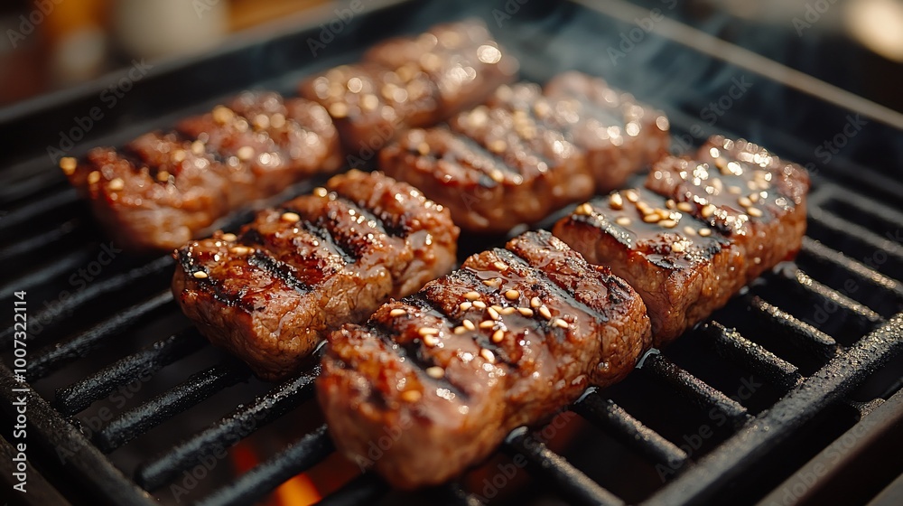 Close-up of juicy, grilled, seasoned beef skewers on a grill. Close-up of juicy, grilled, seasoned beef skewers on a grill.