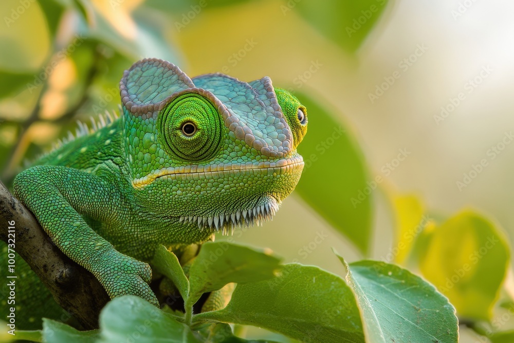 Fototapeta premium A green lizard is on a leaf, generative ai image