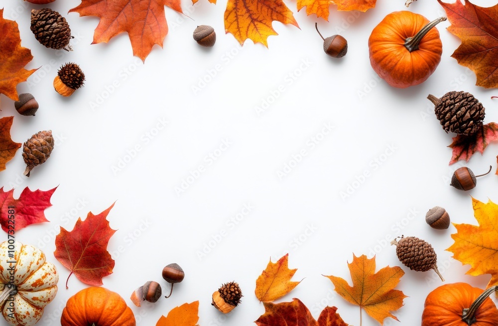 Fototapeta premium Autumn-themed border with pumpkins, leaves, and acorns on a white background. 