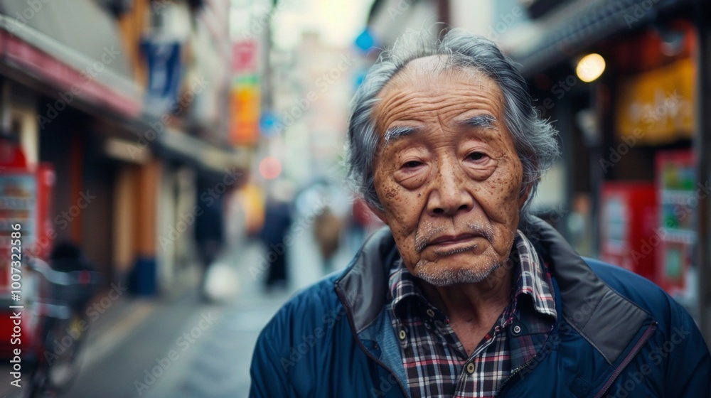 Asian older man looking at camera while walking on a street Asian older man looking at camera while walking on a street
