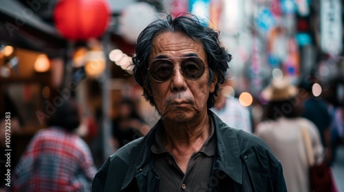 Asian older man looking at camera while walking on a street