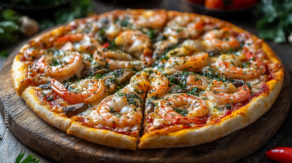 A delicious and cheesy shrimp and mushroom pizza on a wooden board. A delicious and cheesy shrimp and mushroom pizza on a wooden board.