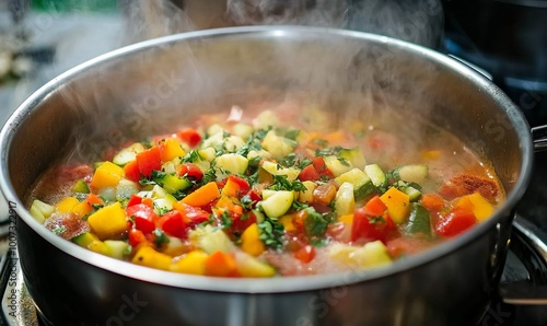 Cooking vegetable stew with spices in a pot