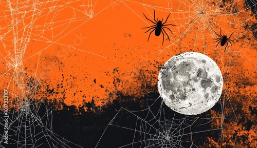 Halloween background with spider webs and full moon Halloween concept template design with copy space on an orange background Generative AI