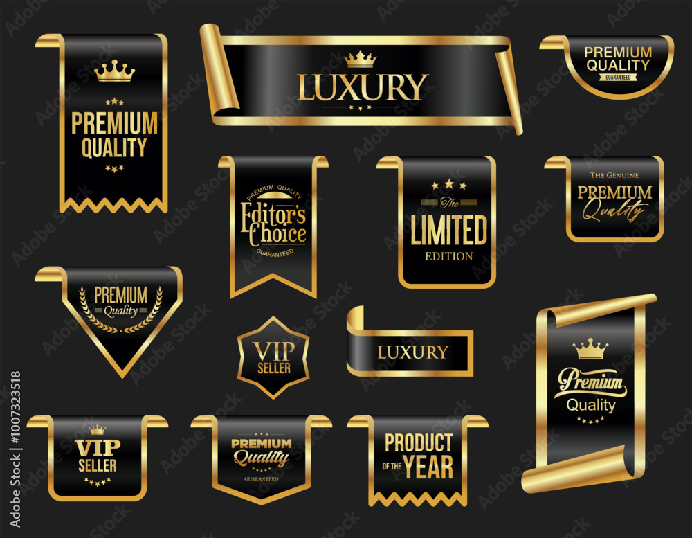 Golden luxury labels and badges premium quality certificate ribbons vector illustration