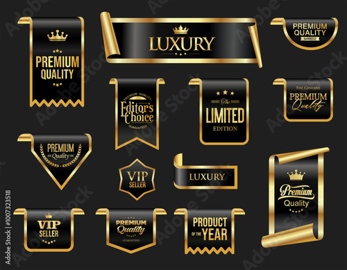 Golden luxury labels and badges premium quality certificate ribbons vector illustration