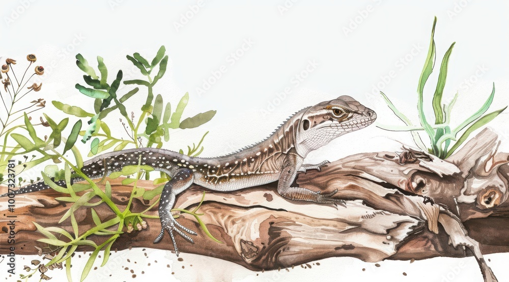 Naklejka premium A colorful lizard basking peacefully on a branch, surrounded by lush green foliage in a tranquil natural setting during a sunny day, watercolor sketch 