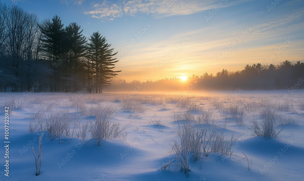 An expansive meadow blanketed in undisturbed snow, dotted with frosted grass and the silhouettes of distant trees, all illuminated by the soft glow of a winter sunrise An expansive meadow blanketed in undisturbed snow, dotted with frosted grass and the silhouettes of distant trees, all illuminated by the soft glow of a winter sunrise
