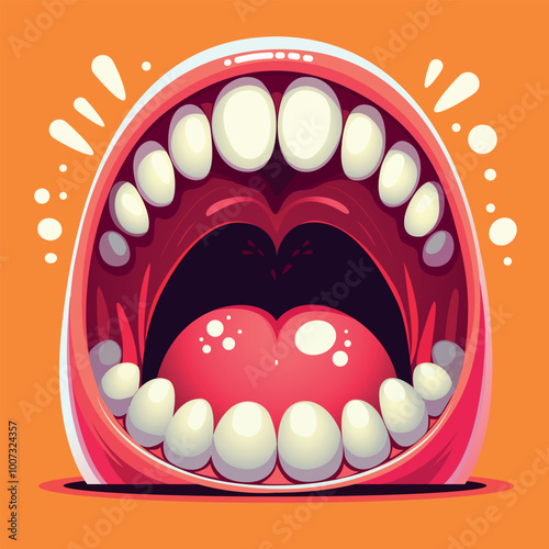 Monster mouth with tongue. Mouth with teeth closeup. Halloween scary and horror mouth monster teeth and tongue in mouth closeup. Monster square avatar. Cute monster mouth on orange background