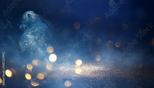 Abstract Blue Smoke Intertwined with Golden Bokeh Lights, Creating a Dreamy and Ethereal Atmosphere photo