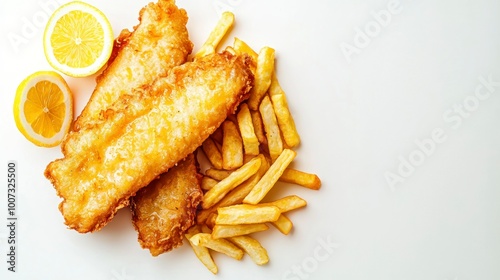 Classic fish and chips on a white background photo