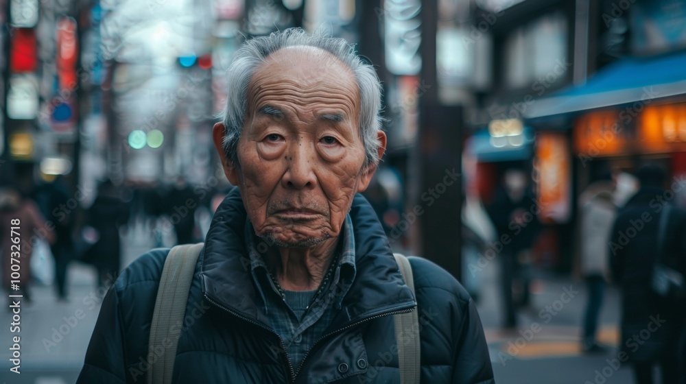 Asian older man looking at camera while walking on a street