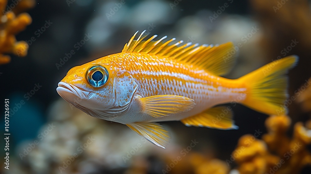 A vibrant orange fish with white stripes swims near coral in an aquarium. A vibrant orange fish with white stripes swims near coral in an aquarium.