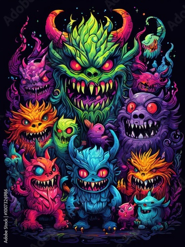 A vibrant collection of colorful, whimsical monsters with exaggerated features and expressions.