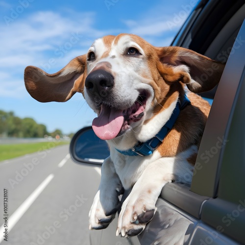 Basset Hound leans out of car window, ears flapping in joyful breeze For Social Media Post Size