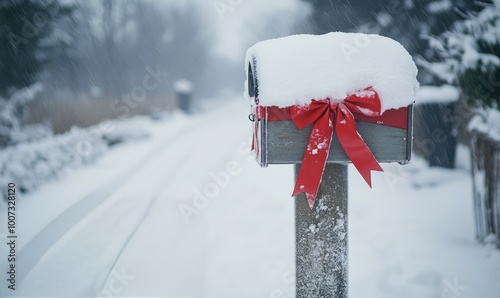 Snow-covered mailbox with ribbons