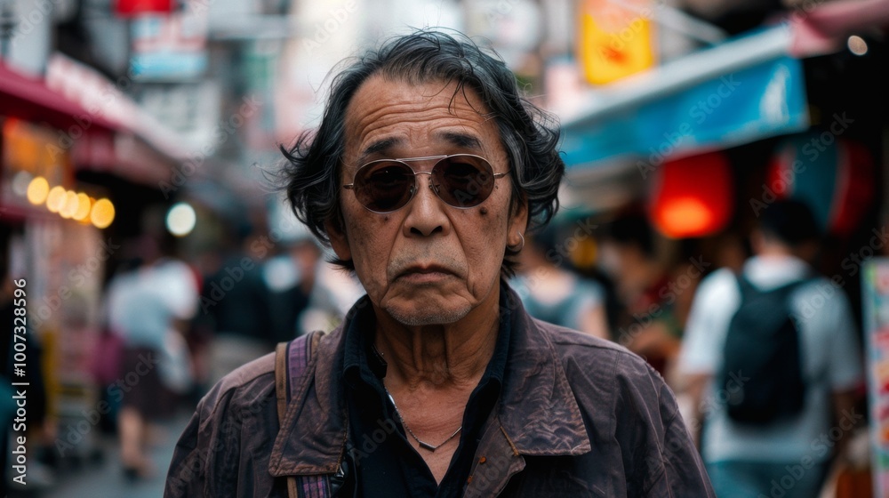 Asian older man looking at camera while walking on a street Asian older man looking at camera while walking on a street