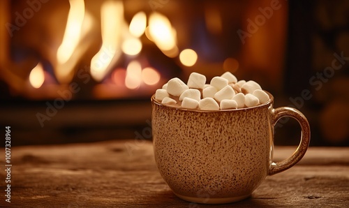 Wallpaper Mural Ceramic mug of hot chocolate with mini marshmallows, beside a crackling fireplace with glowing embers Torontodigital.ca
