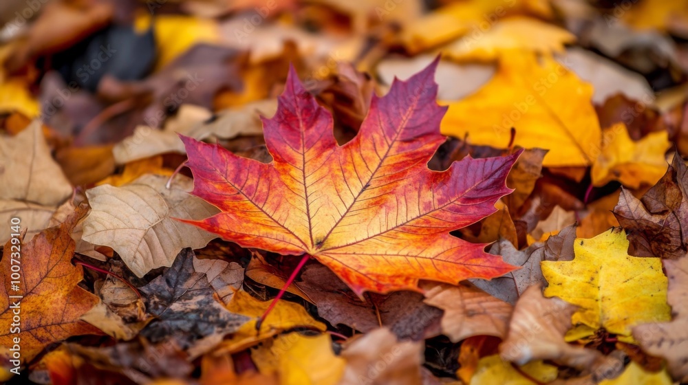 A colorful autumn leaf, blending vibrant red and orange hues, rests prominently on a carpet of mixed fallen leaves, symbolizing the beauty of seasonal change. A colorful autumn leaf, blending vibrant red and orange hues, rests prominently on a carpet of mixed fallen leaves, symbolizing the beauty of seasonal change.