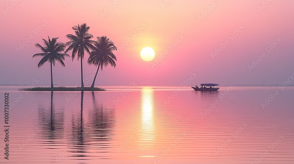 Serene sunset over water with palm trees. Serene sunset over water with palm trees.