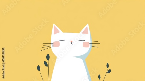An adorable white cat with eyes closed, sitting contentedly on a bright yellow background surrounded by minimalist leafy plants, conveying calm and simplicity.