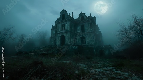 A crumbling, isolated mansion with sharp, jagged architecture, cloaked in mist under the ominous glow of the full moon.