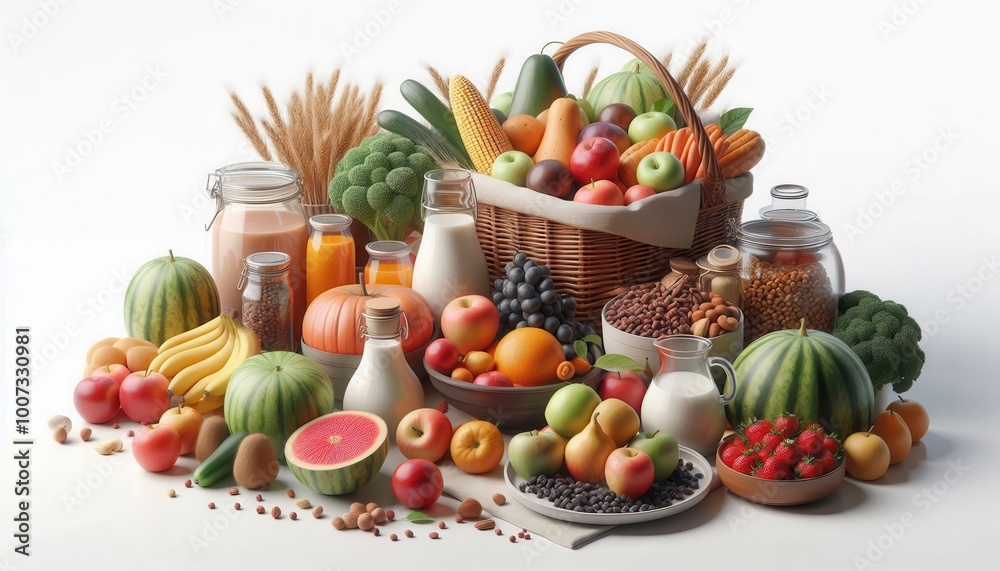 A vibrant display of assorted fruits, vegetables, and beverages in a natural setting. A vibrant display of assorted fruits, vegetables, and beverages in a natural setting.