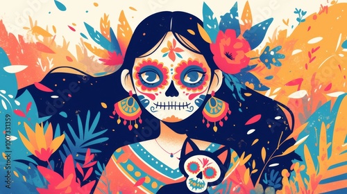 DÃ­a de los Muertos, Mexican holiday Day of the Dead and Halloween. Vector illustration of a woman with sugar skull makeup - Calavera Catrina, cat, flowers and mexican objects for poster or background