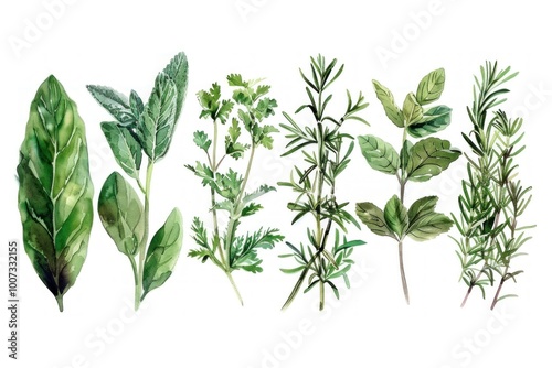 A set of watercolor illustrations with herbs and green leaves on a white background.