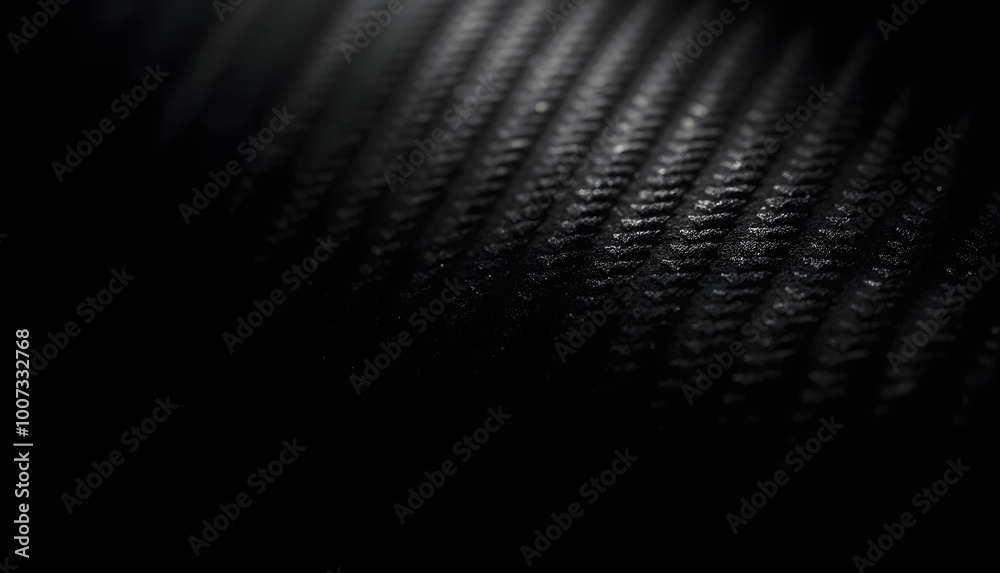 Close-up of carbon fiber texture featuring sleek black weave with dramatic shadows
