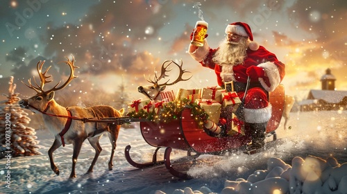 Artificial Intelligence. Portrait of Santa Claus with a glass of beer sitting in a sleigh outdoors.  photo