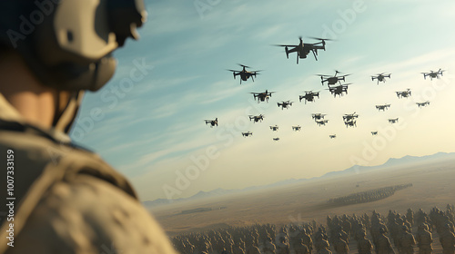 A futuristic drone swarm, flying over a high-tech military base, with soldiers below coordinating a precision attack in a vast desert. Drone swarm over a desert military base.


