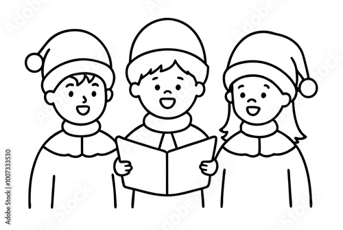 Joyful Vector Illustration of Three Kids Harmonizing Christmas Carols
