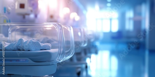 baby beds in the hospital, blurred background with white cradles photo