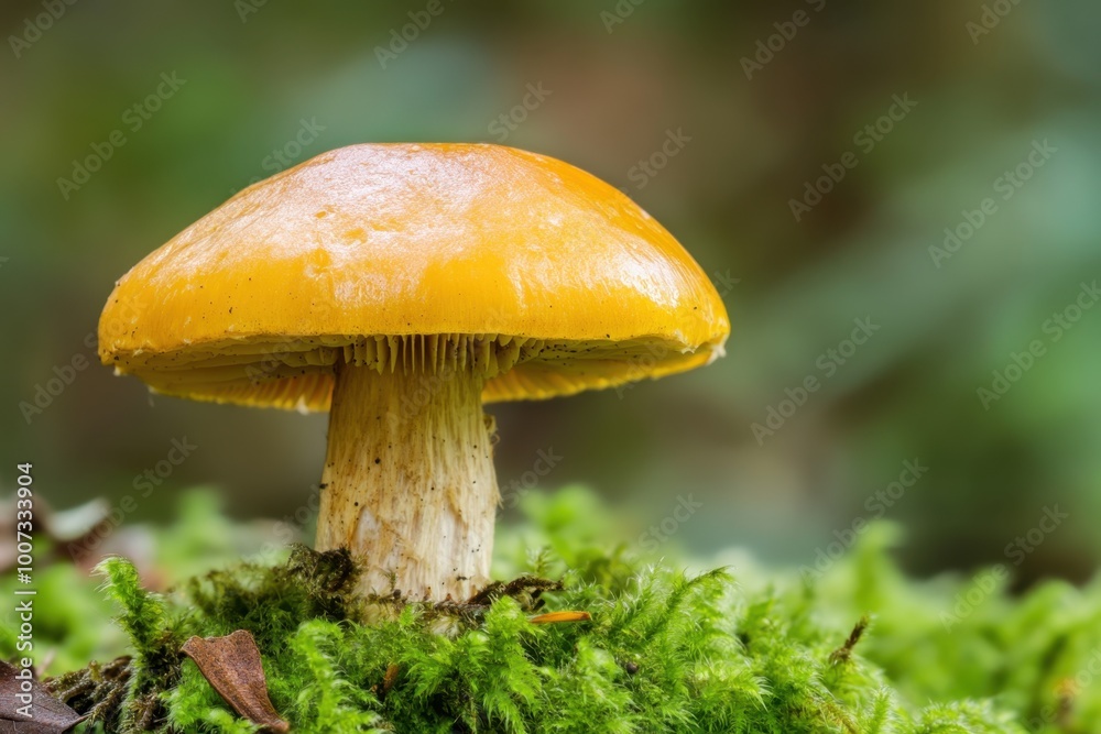 Bright yellow mushroom growing on forest floor Bright yellow mushroom growing on forest floor