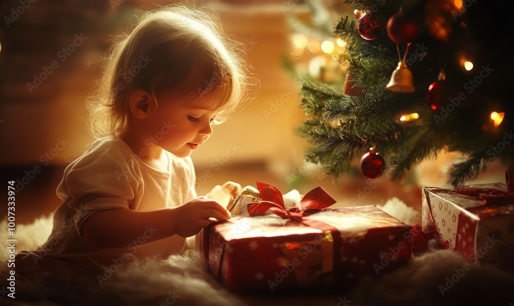 The child opens the presents at the Christmas tree The child opens the presents at the Christmas tree