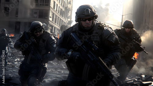 A group of heavily armored infantry, moving tactically through a war-torn urban environment, with debris and smoke rising from the ruined buildings behind them. Armored infantry in an urban battlefiel photo