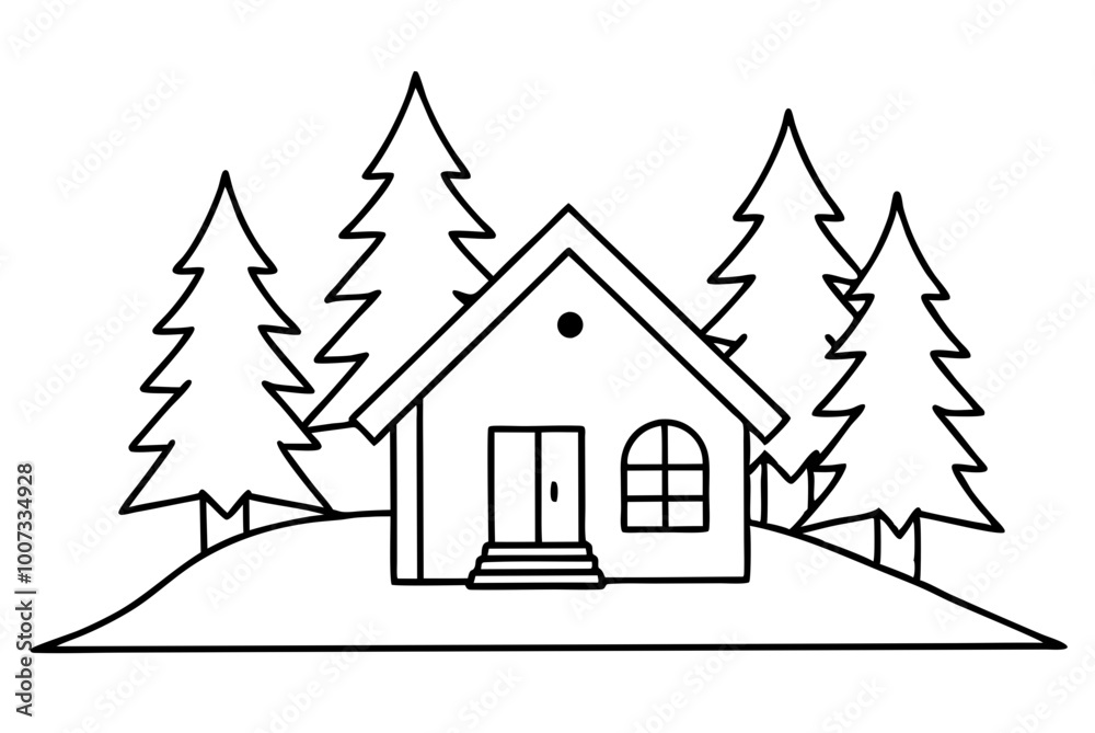 Fototapeta premium Serene Winter Retreat Nestled Among Snowy Pines in a Vector Illustration 